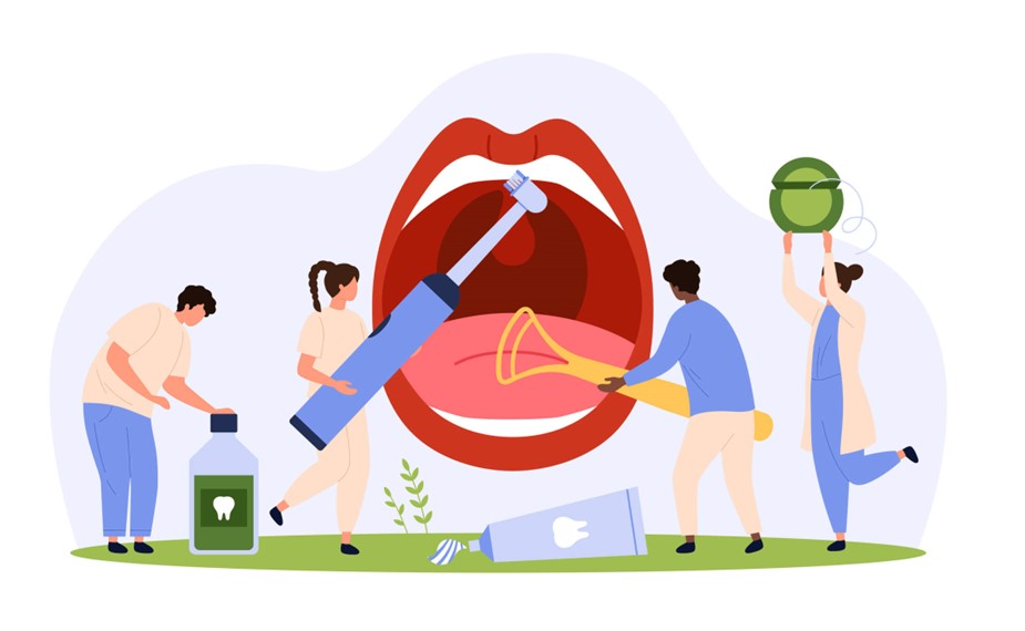 A group of people brushing and flossing