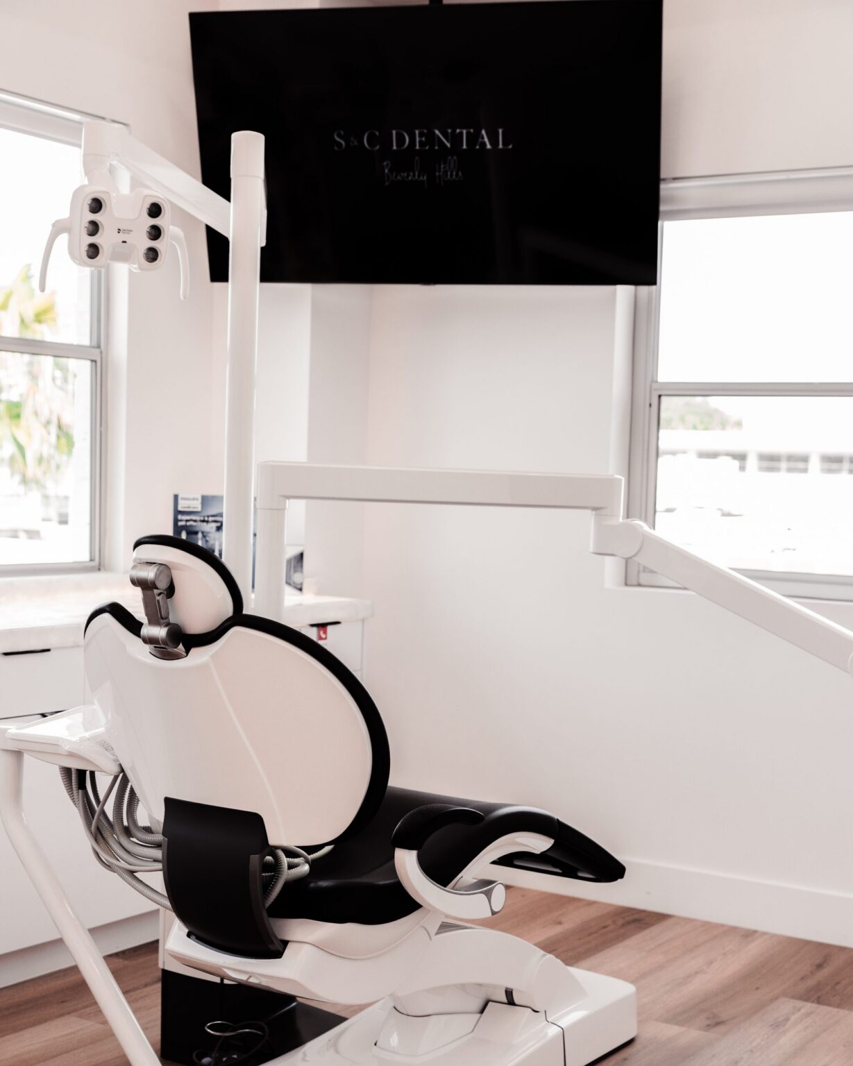 A treatment room at S&C Dental Beverly Hills, with a window over Beverly Hills